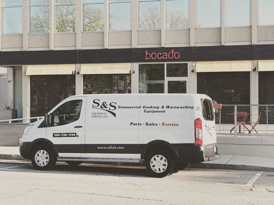 S&S Equipment commercial kitchen service van at a Worcester restaurant